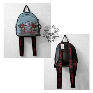 Ed Hardy Sacred Heart Rhinestone Mini Backpack NWT Denim Tattoo Skull Bag